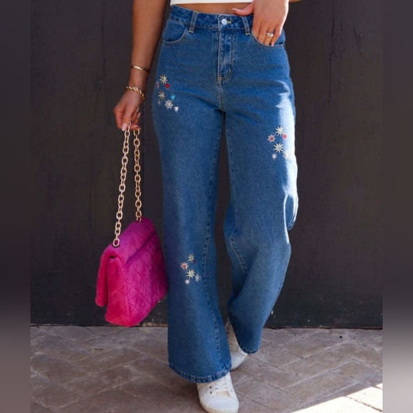 Retro High-Rise Embroidered Daisy Flower Straight Leg Hippie Cotton Denim Jeans - Picture 3 of 16